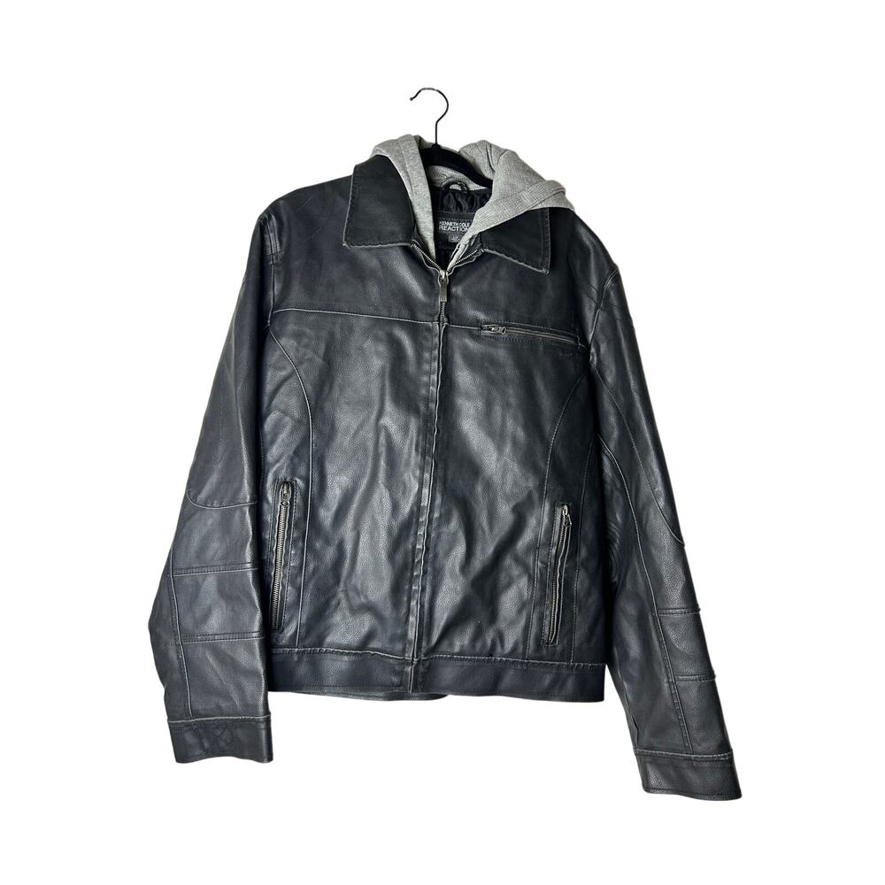 kenneth cole reaction leather bomber jacket with knit hood size L